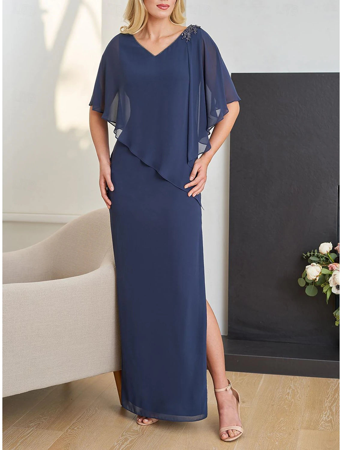 Women's Outerwear Clothing Column Formal Wedding Guest Elegant V Neck Floor Length Chiffon Half Sleeve with Beading Mother of the Bride Dress