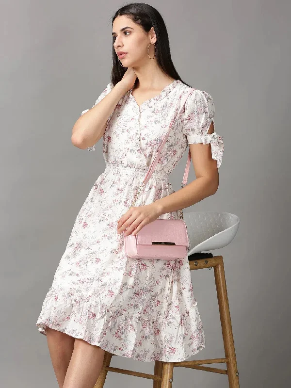 Women's High-Fashion Outfit Women's CreamPink Floral Fit and Flare Dress-KG-4099-Creampink