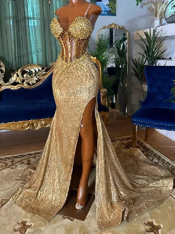 Women's Vacation Garments Sparkly Gold Prom Dresses Spaghetti Straps Side Split Crystal Beading Pearls Evening Gowns Wedding Party Wear