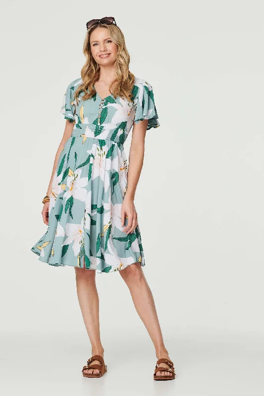 Women's Holiday Apparel Floral Knee Length Skater Dress