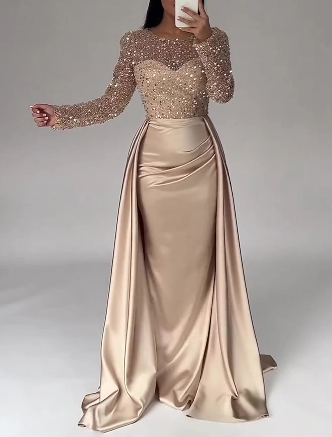 Timeless Women's Clothes Mermaid Sequin Gown Ruched Satin Long Sleeves Floor Length Sparkle Illusion Neck Prom Wedding Guest Dress with Pearls Evening Dress