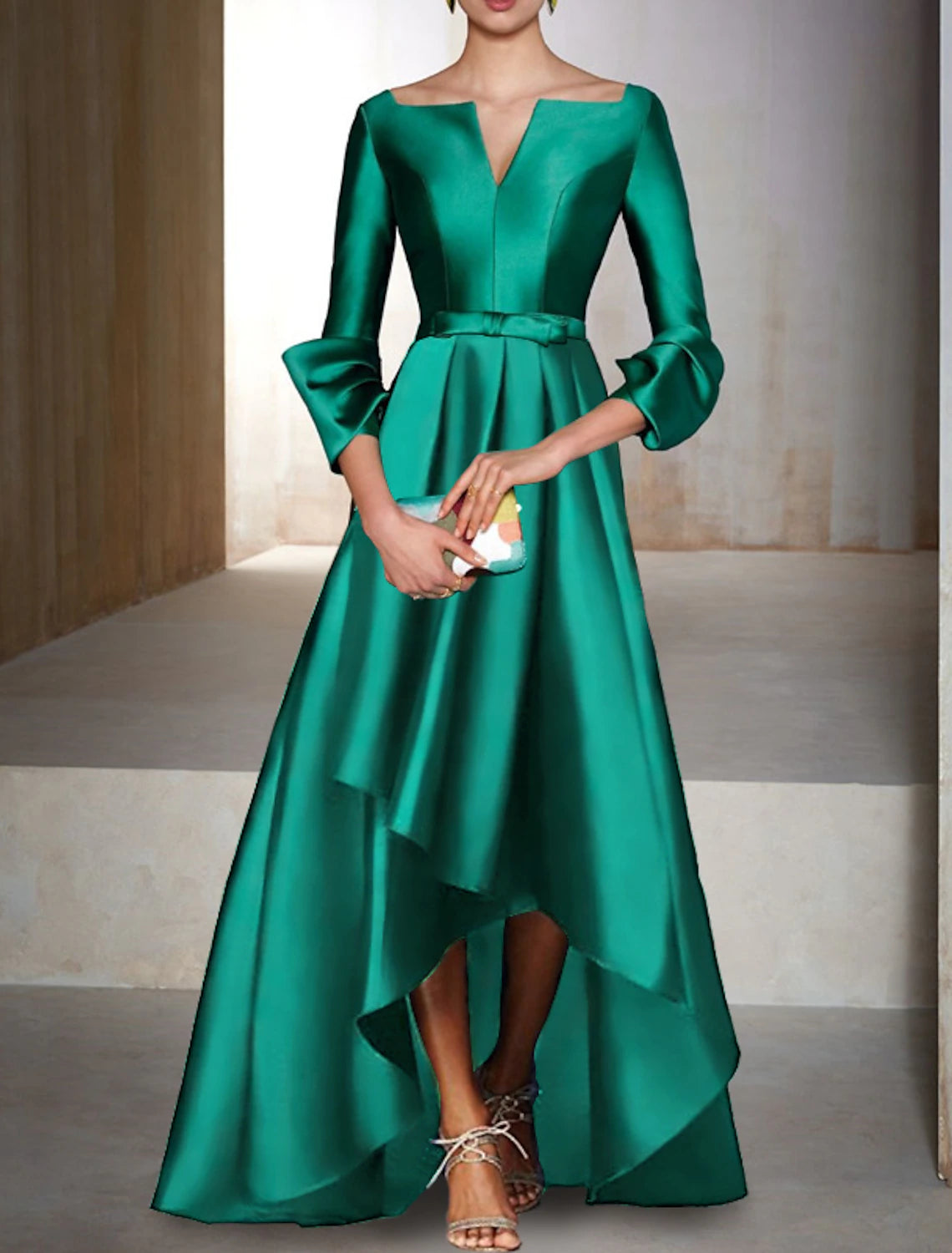 Women's Vintage Attire A-Line Evening Gown Elegant Dress Christmas Red Green Dress Formal Wedding Guest Floor Length 3/4 Length Sleeve V Neck Satin with Bow(s)