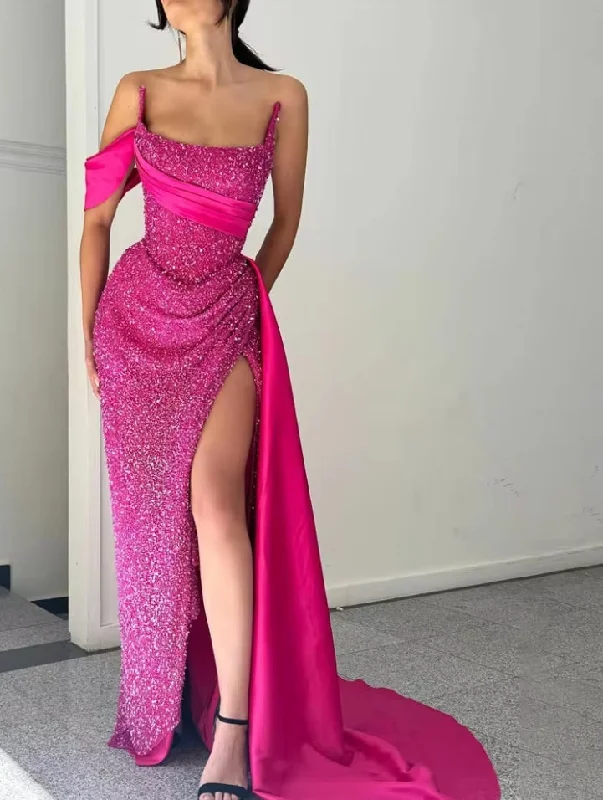 Stylish Women's Garments Pink Evening Gown Mermaid Sexy Elegant Prom Dresses Sequin Satin Pleat O-Neck Split Wedding Evening Dress robes de soirée