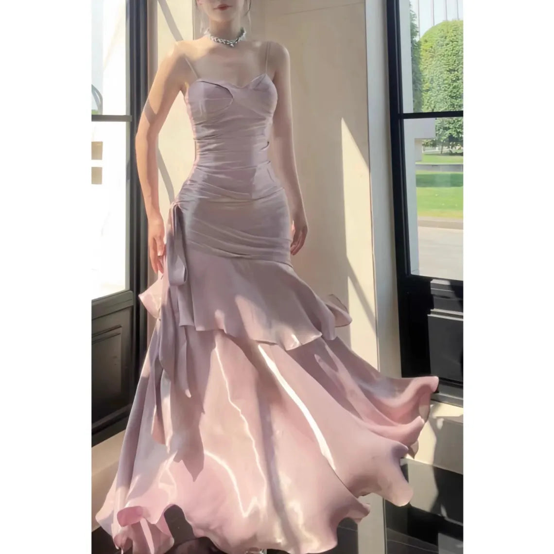 Timeless Women's Outfit Luxury Pink Satin Ruffle Wedding Dress, Dusty Rose Mermaid Layered Hem Gown, High-End Birthday Party, Elegant Vintage Formal Evening Dress