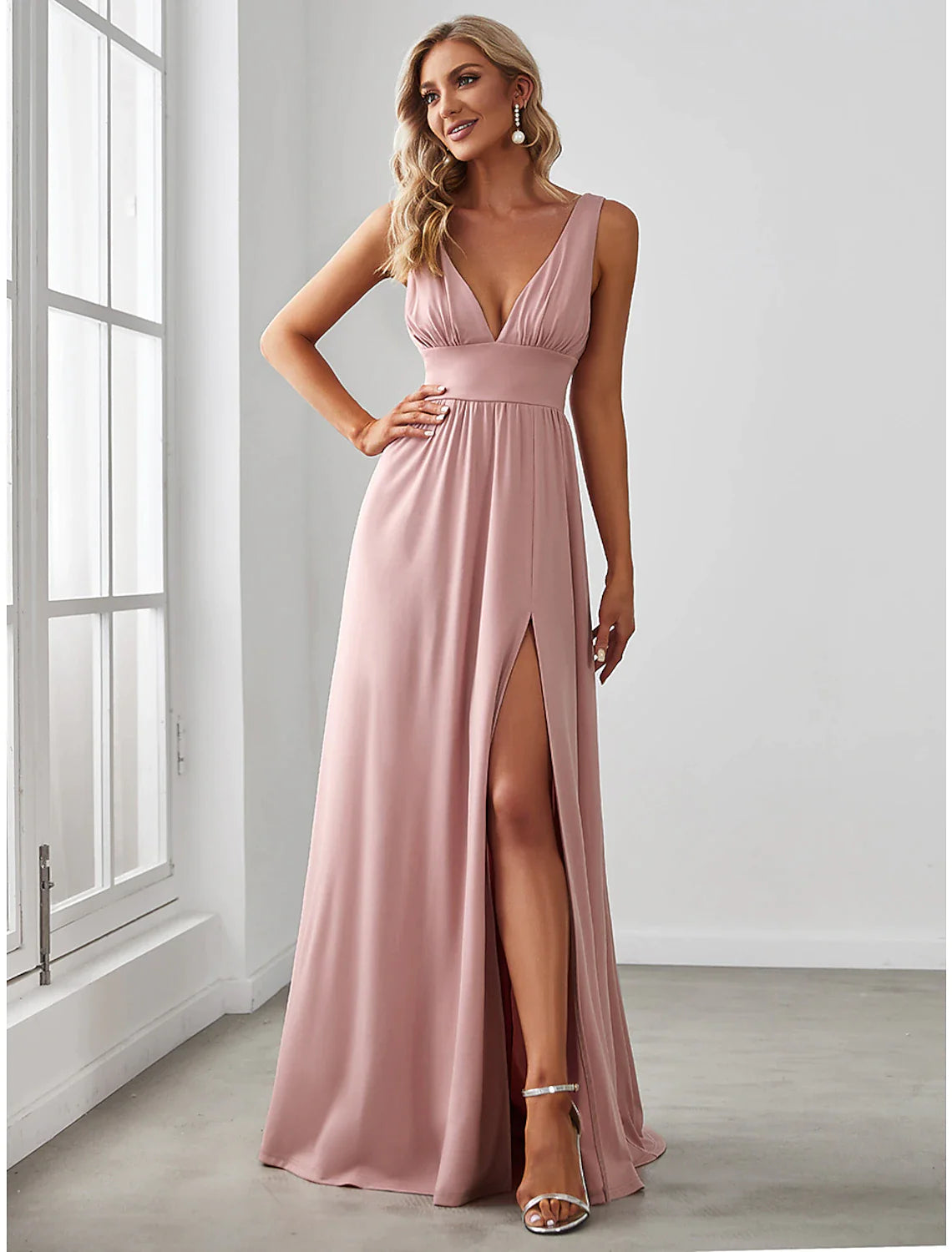 Women's Sporty Chic Clothes A-Line Prom Dresses High Split Dress Wedding Guest Floor Length Sleeveless V Neck Chiffon V Back with Slit