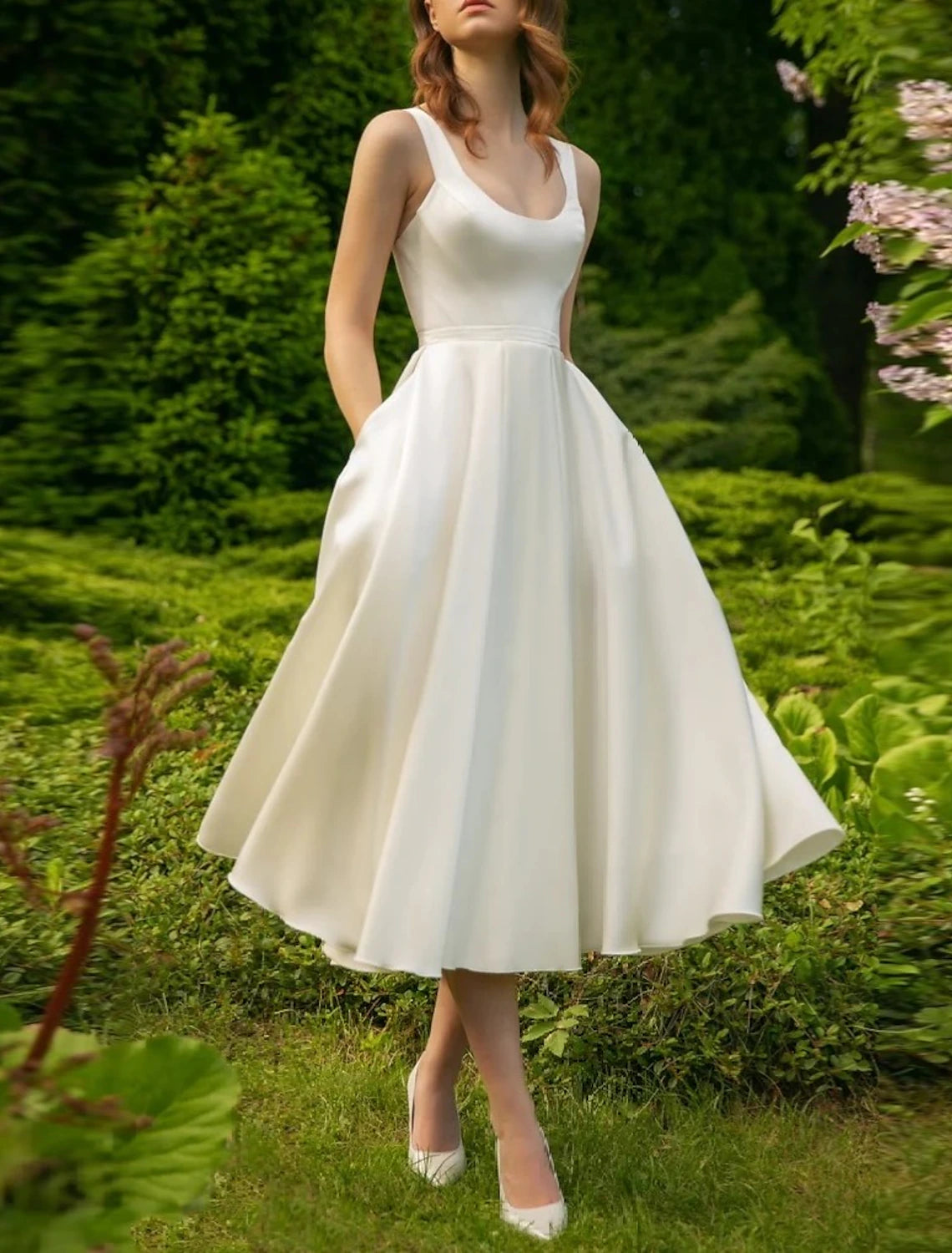 Women's Plus-Size Garments Wedding Dresses A-Line Scoop Neck Sleeveless Tea Length Satin Bridal Gowns With Pleats Solid Color