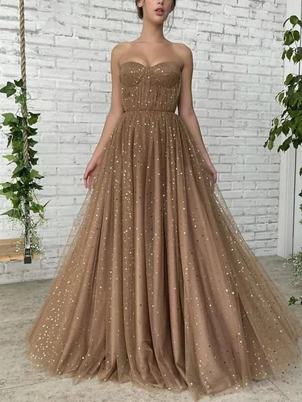 Women's Casual Outfit A-Line Glittering Vintage Wedding Guest Prom Dress Sweetheart Neckline Sleeveless Sweep / Brush Train Tulle with Pleats Sequin Cocktail Dresses    S1235