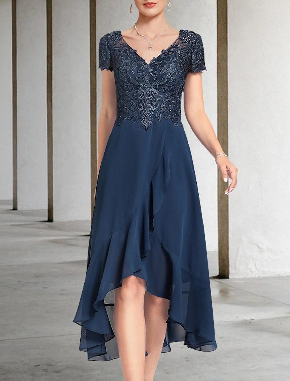 Women's Clothing For Holiday Travel Wedding Guest Dress Elegant High Low V Neck Length Chiffon Lace Short Sleeve with Tier Mother of the Bride Dress