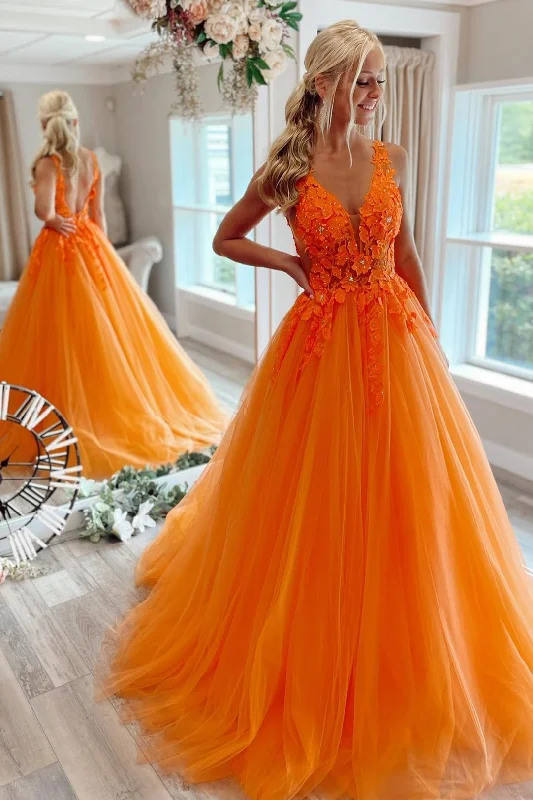 Women's Elegant Clothes Floral Appliques V-Neck Backless A-Line Prom Gown