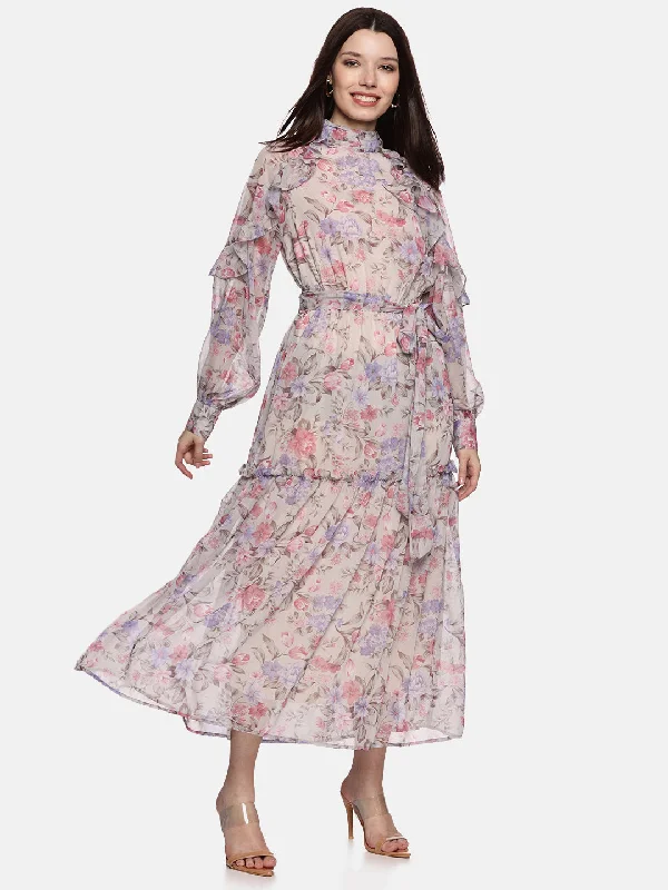 Women's Outdoor Activity Garments Floral Multicolored Ruffled Blouson Sleeve Dress-17408