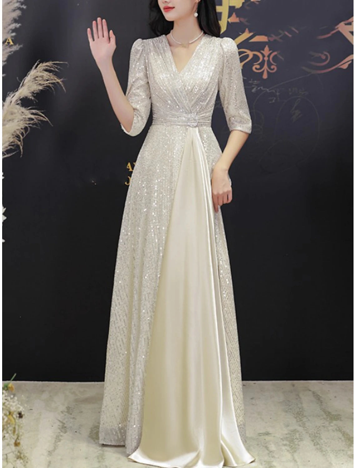 Casual Chic Clothing For Women Wedding Guest Elegant Sparkle & Shine Petite V Neck Sweep / Brush Train Sequined Half Sleeve with Pleats Crystal Brooch Mother of the Bride Dress