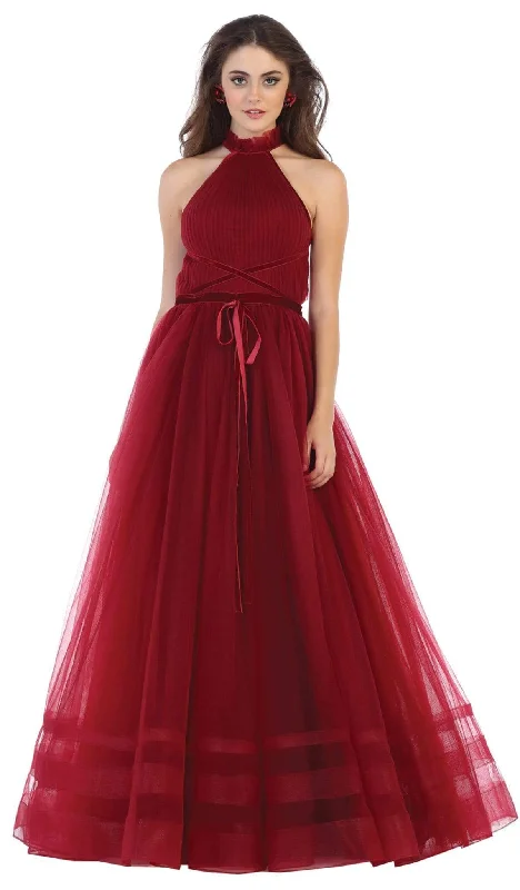 Plus-Size Women's Clothing May Queen - RQ7669 High Neck Pleated A-Line Evening Gown