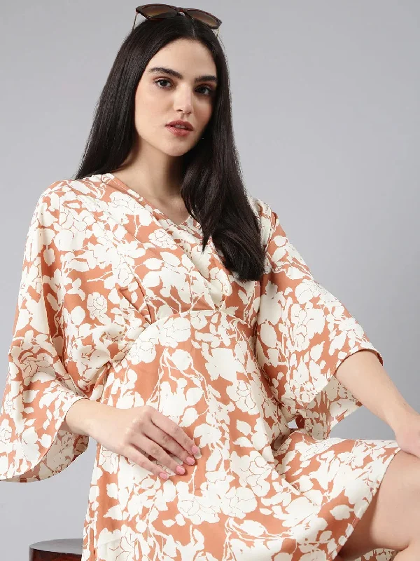 Casual Attire For Women Women Rust Floral A-Line Dress-AE-15963-Rust