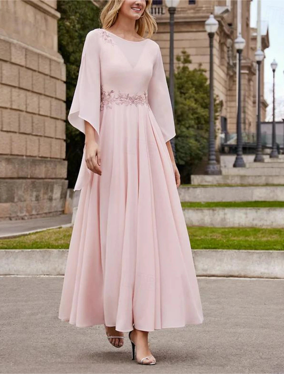 Women's Clothing With Trendy Designs Elegant Dresses Formal Wedding Guest Elegant Elegant Dress Neck Ankle Length Chiffon 3/4 Length Sleeve with Beading Sequin Mother of the Bride Dress