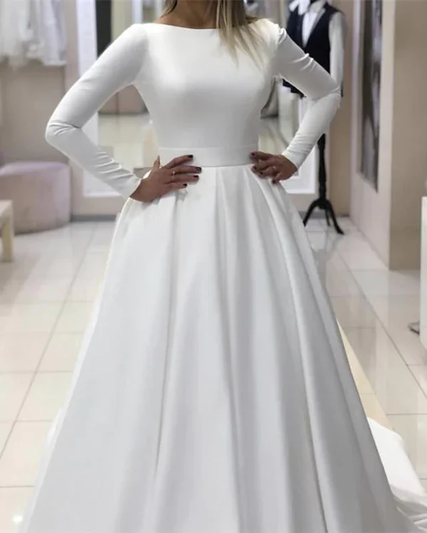 Modern Women's Clothes 2023 Classic A Line Long Sleeves Satin Backless Long Wedding Dresses     S1937