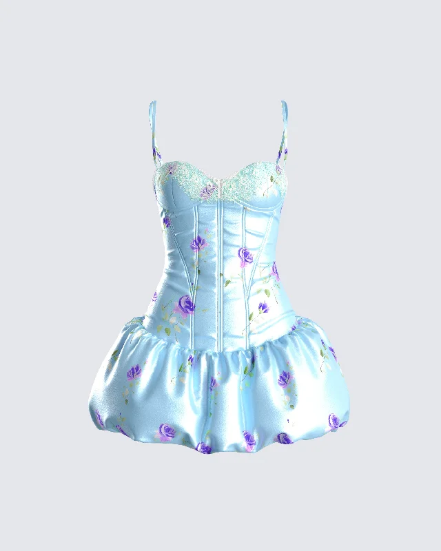 Women's Workout Clothing Tif Blue Satin Floral Bubble Dress