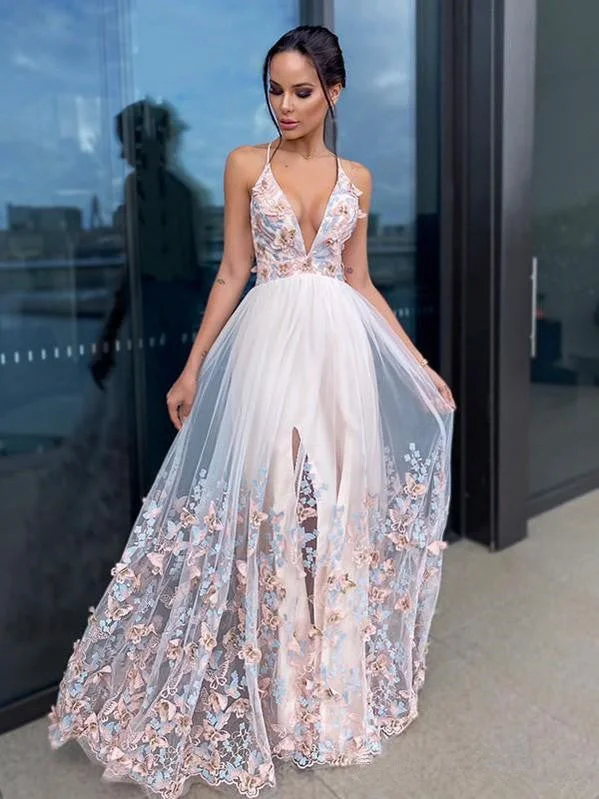 Women's Stylish Professional Apparel Deep V-neck Floral Long A-line Prom Dresses, Lovely Colorful Prom Dresses, 2021 Prom Dresses