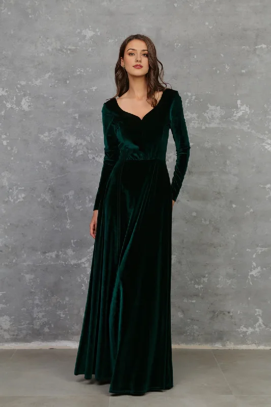 Women's Casual Wear Clothes Evening  Dress Velvet Dress A Line Skirt Sweetheart Neckline Long Sleeves High Quality Fabric Dress Formal Dresses Wedding Guest Dress