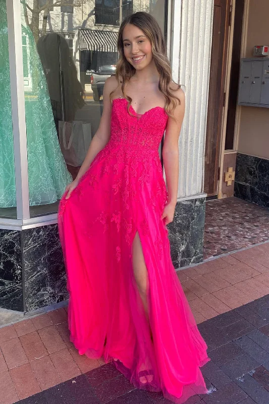 Women's Clothing For Outdoor Events Floral Hot Pink Prom Dresses A-line Long Strapless Appliques