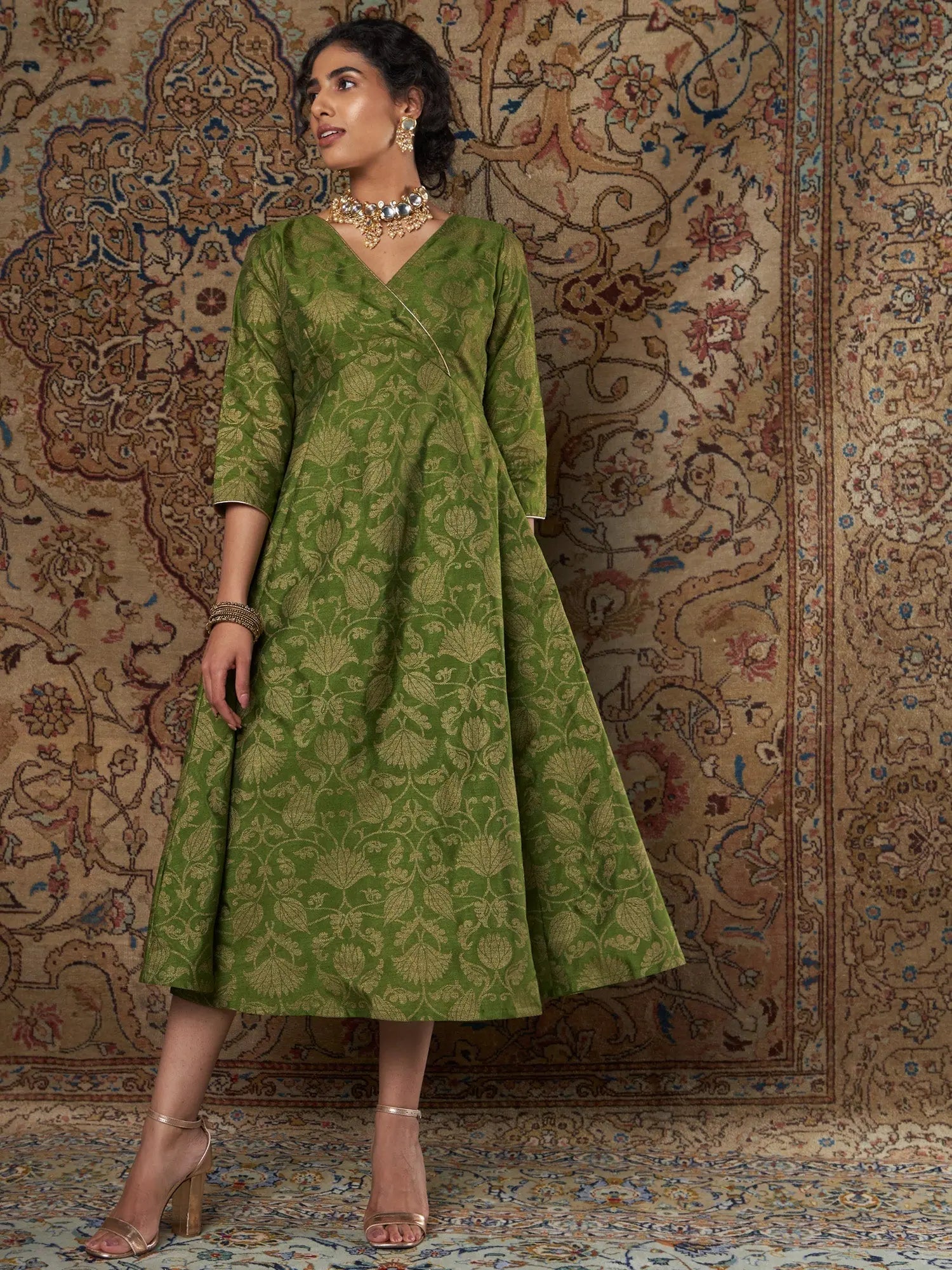 Chic Clothing For Women Women Green Brocade Floral Anarkali Dress