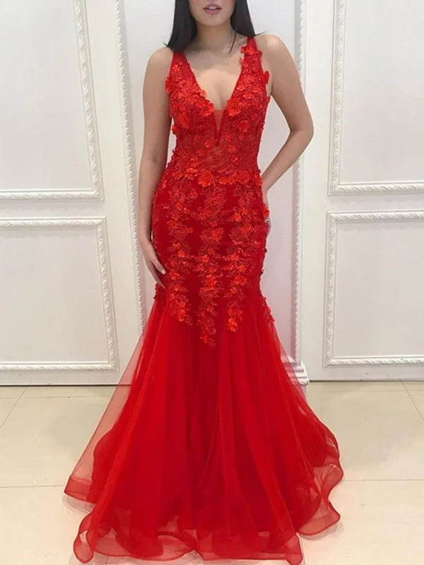 Women's Casual Apparel For Weekends Mermaid Red Lace Floral Prom Dress, V-neck Lace Long 2021 Prom Dresses