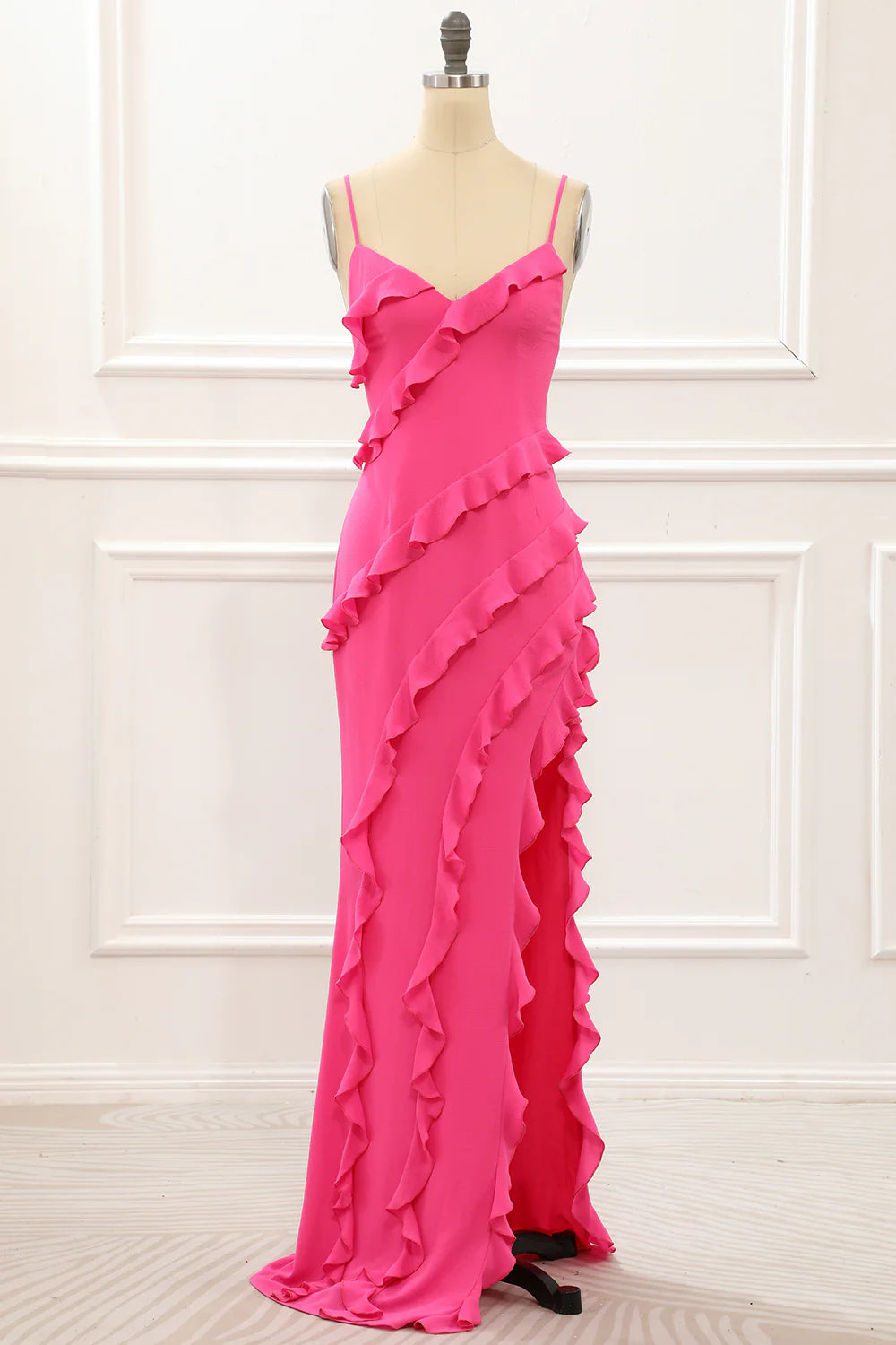 Women's Luxury Garments Amzcw Hot Pink Sheath Spaghetti Straps Long Wedding Guest Dress with Ruffles