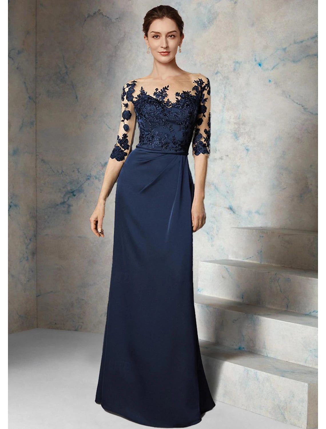 Women's Evening Clothing Column Wedding Guest Elegant Simple Jewel Neck Floor Length Chiffon 3/4 Length Sleeve with Appliques Mother of the Bride Dress