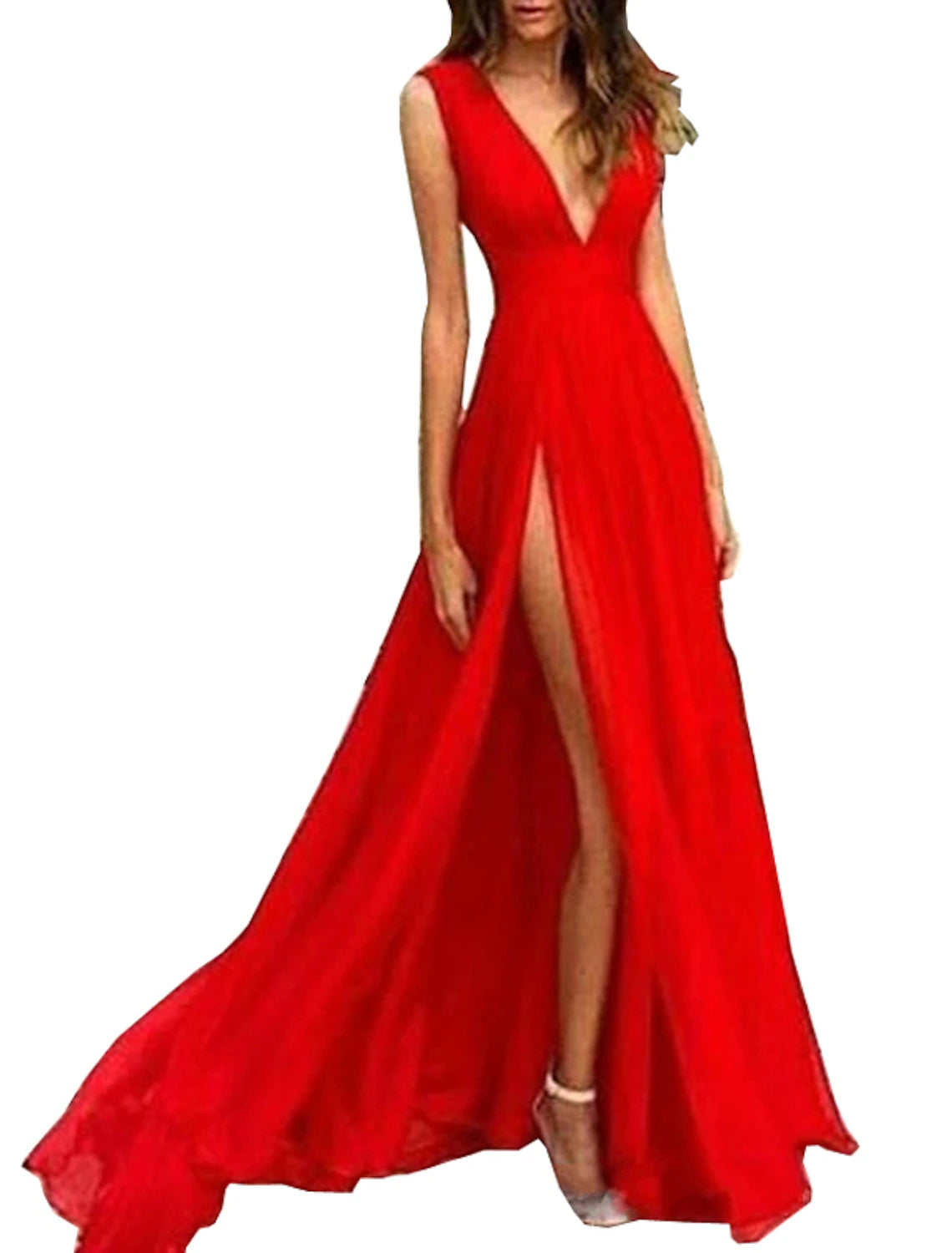 Women's Formal Event Attire A-Line Evening Gown Elegant Dress Wedding Guest Party Wear Floor Length Sleeveless V Neck Chiffon with Slit