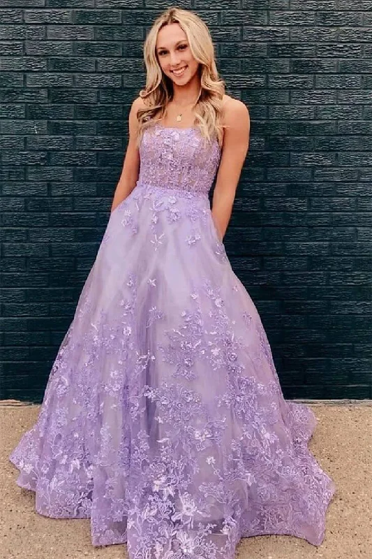 Women's Formal Apparel Floral Long Violet Purple Lace Prom Dresses Lilac Formal Evening Dresses Pockets