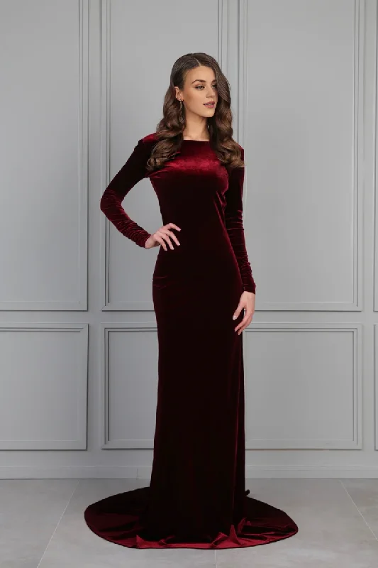 Women's Sports Apparel Evening Dress Velvet Dress Open Back Train Dress Long Sleeve Formal Dresses Wedding Guest Dress