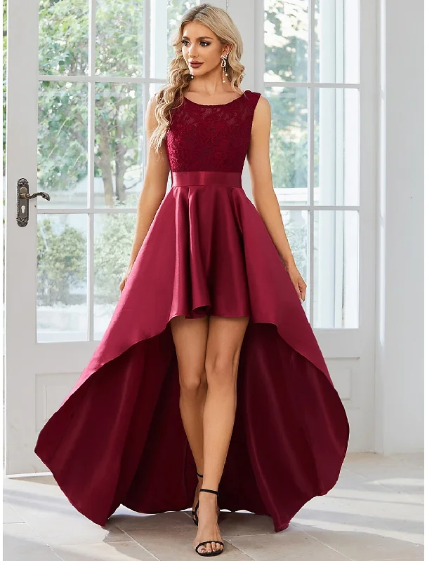 Women's Outdoor Activity Garments A-Line Wedding Guest Dresses Casual Dress Party Wear Wedding Party Asymmetrical Sleeveless Jewel Neck Satin with Pure Color