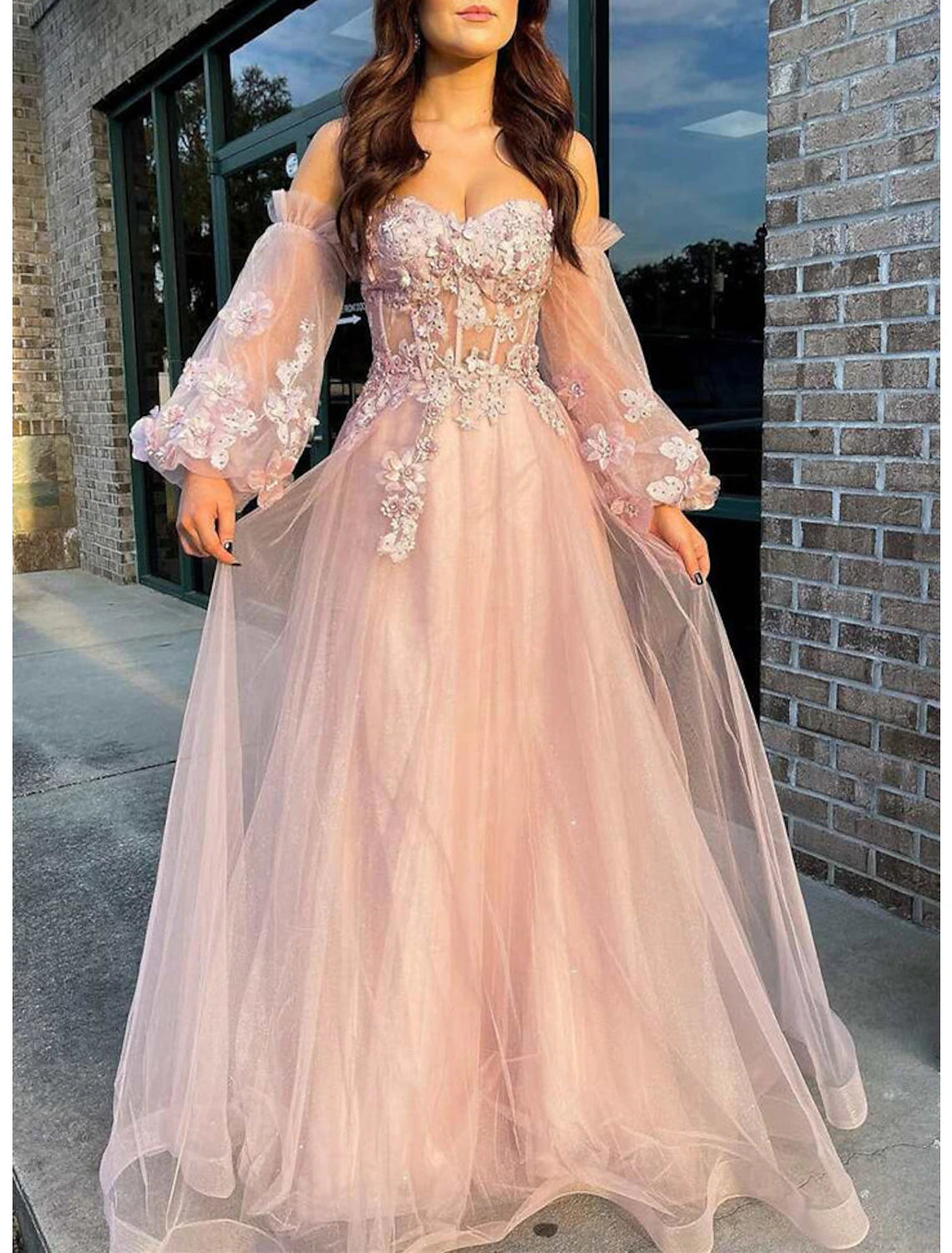 Chic Women's Attire A-Line Prom Dresses Sparkle Dress Wedding Floor Length Long Sleeve Strapless Tulle with Sequin