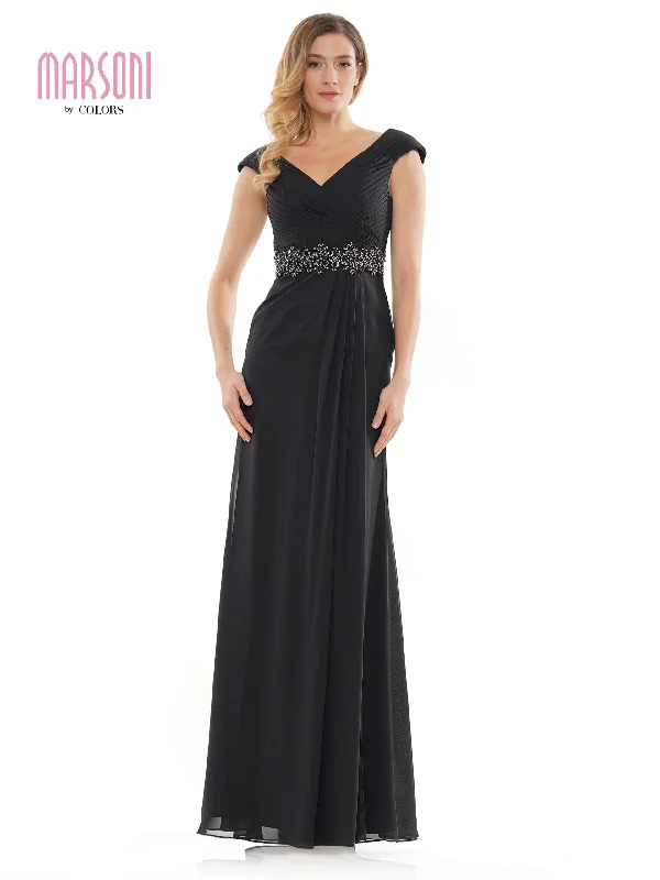 Women's Vintage-Inspired Clothing Marsoni by Colors - M169 Ruched Wrap Cap Sleeve Gown