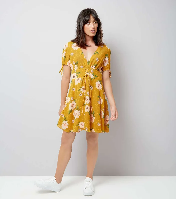 Women's Garments Yellow Floral Spot Print V Neck Dress