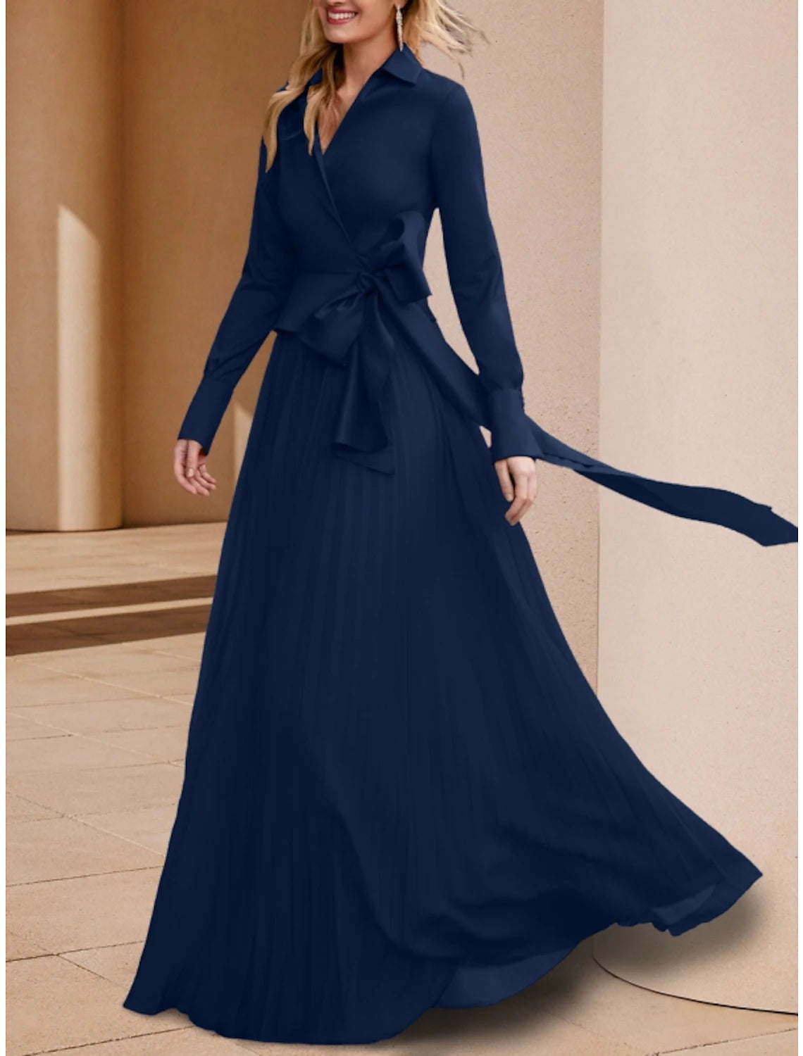 Women's Clothing For Outdoor Events Wedding Guest Elegant V Neck Floor Length Stretch Chiffon Long Sleeve with Bow(s) Solid Color Mother of the Bride Dress 