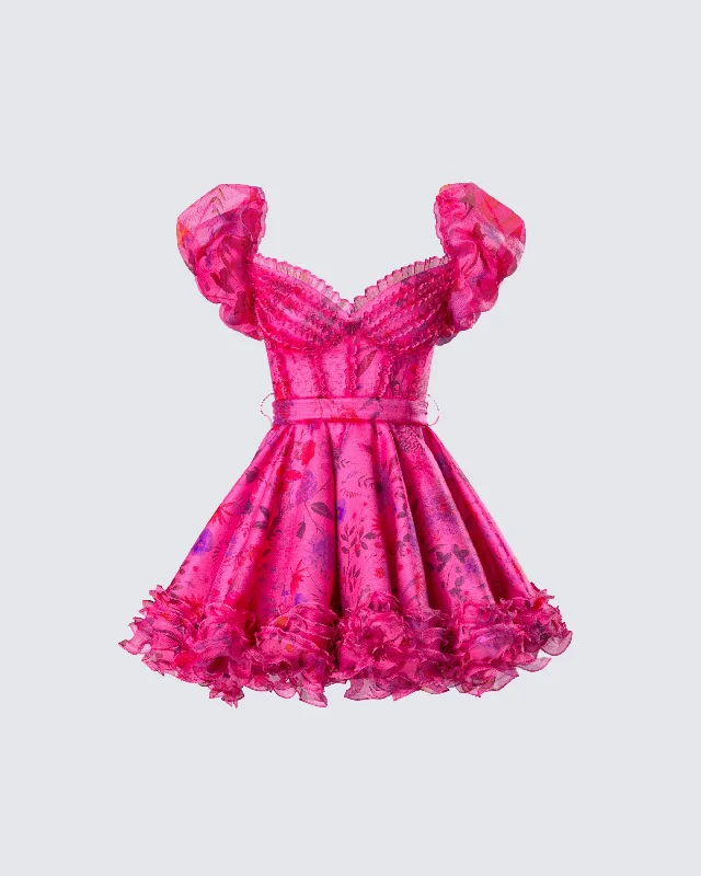 Vintage Clothing For Women Eni Pink Floral Organza Mini Dress