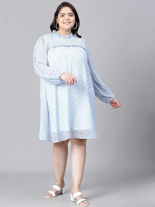 Women's Office Clothing Women Plus Size Blue Floral Print Smocked Round Neck Long Sleeve Dress