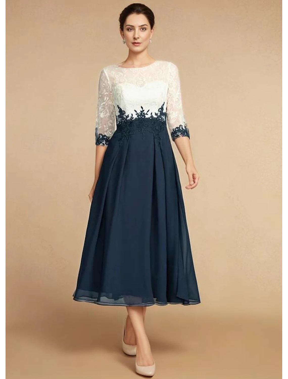 Women's Active Clothing Wedding Guest Elegant Elegant Dress Vintage Jewel Neck Tea Length Chiffon Lace Half Sleeve with Lace Appliques Color Block Mother of the Bride Dress