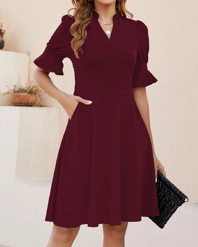 Women's Stylish Casual Garments Evening Dress Womens V Neck Ruffle Short Sleeve Fit and Flare Knee Length Dresses with Pockets Formal Wear Dresses Wedding Guest Dress