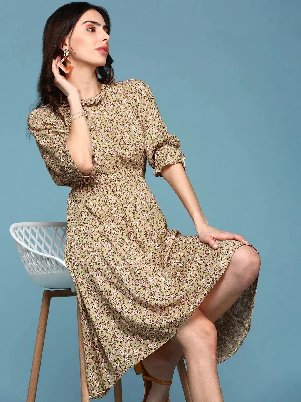 Comfortable Women's Clothing Women's Beige Floral A-Line Dress-AE-9923-Beigegreen