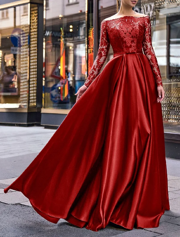 Women's Wardrobe Apparel Elegant Dress Wedding Guest Fall Floor Length Long Sleeve Off Shoulder Belt / Sash Satin with Appliques Evening Dress