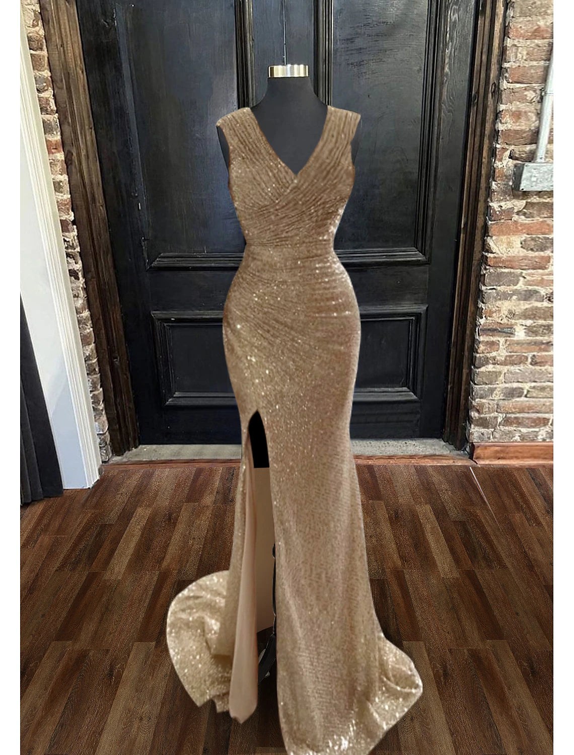 Women's High-Fashion Garments Sheath / Column Shine Dress Sleeveless Prom Dresses V Neck Sequined with Glitter Ruched Slit Fall November December Wedding Guest Dress