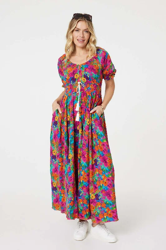 Chic Women's Garments Floral Drawstring Empire Waist Maxi Dress