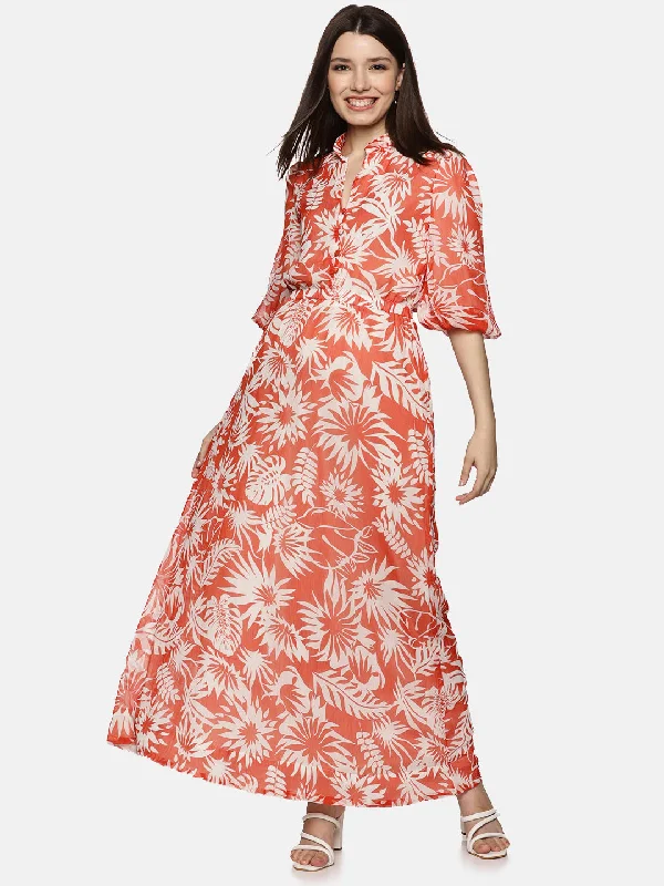 Women's Functional Outdoor Garments Floral Red Printed Baloon Sleeve Dress-17374