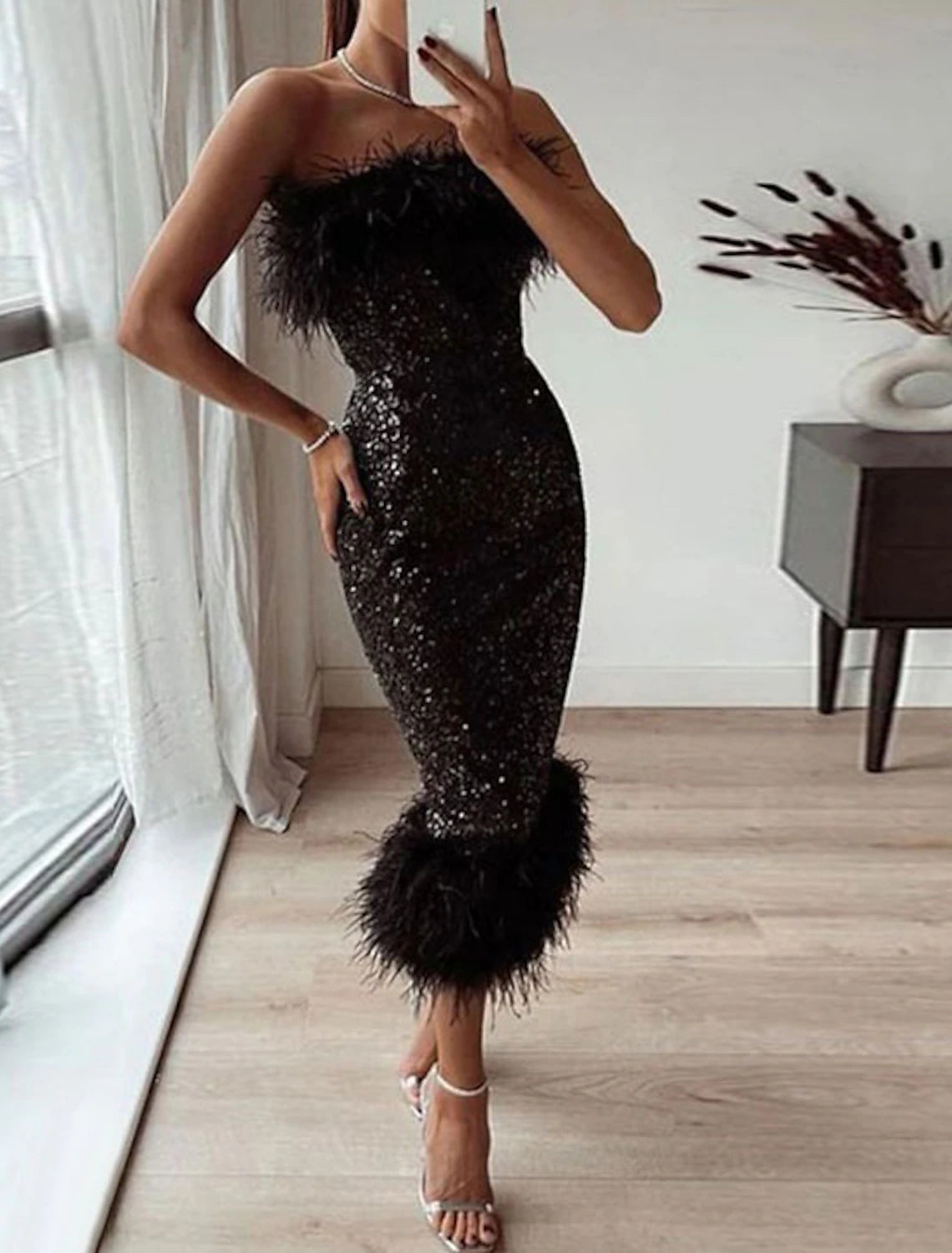 Timeless Women's Clothes Sheath / Column Cocktail Black Dress Sparkle & Shine Dress Party Wear Wedding Guest Tea Length Sleeveless Strapless Sequined with Feather Sequin