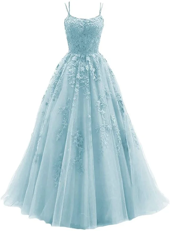 Women's Relaxed Outfit Spaghetti Strap Prom Dress Ball Gown Lace Appliques Wedding Tulle Homecoming Long Dress Princess Formal Evening Gowns   S3027