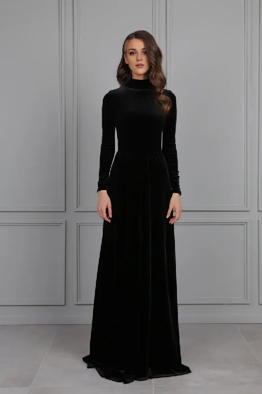 Women's Travel Apparel Evening Dress Velvet Dress Mock Neck Open Round Back Long Sleeves Longuette Formal Dresses Wedding Guest Dress