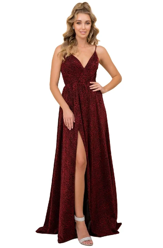 Affordable Women's Clothing Nox Anabel - R356 V Neck Animal Printed High Slit A-Line Evening Gown