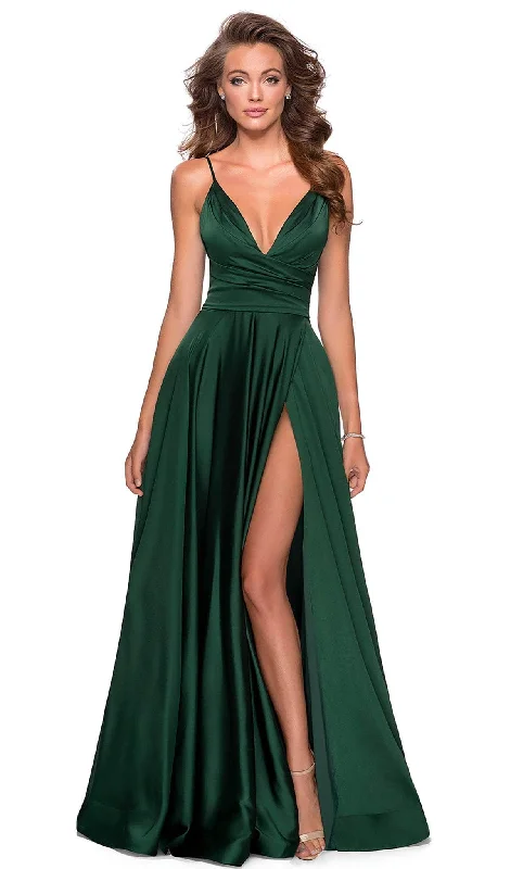 Stylish Women's Garments For Holidays La Femme - 28607 Deep V-Neck High Slit Simple Prom A-Line Gown