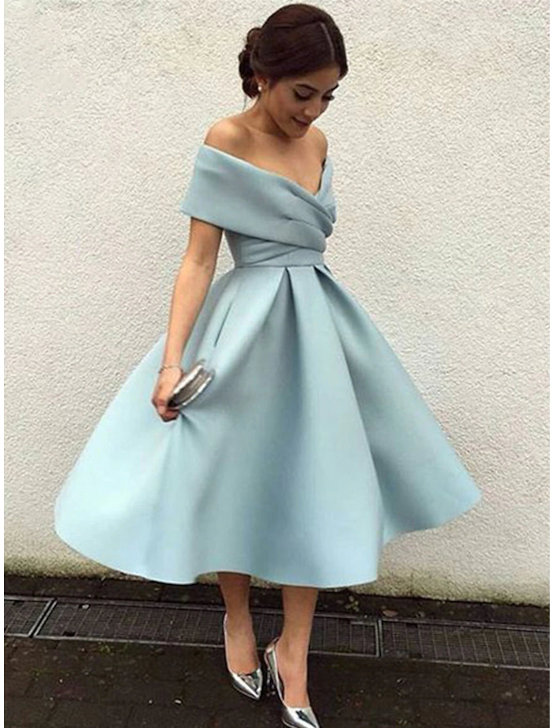 Women's Relaxed Outfit A-Line Cocktail Dresses 1950s Dress Wedding Guest Homecoming Tea Length Short Sleeve V Neck Stretch Fabric V Back with Pleats